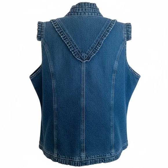 Vintage 90’s Tantrums Denim Ruffle Trim Open Front Lagenlook Boho Vest Women’s - Picture 4 of 11